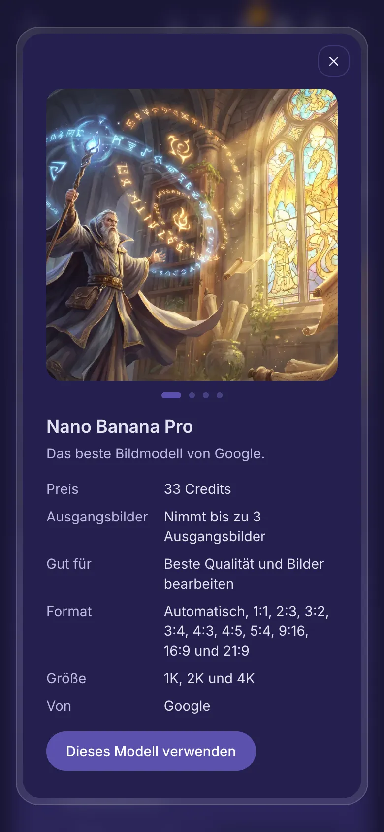 Die Details eines Modells: Beispielbilder, der Preis, wie viele Bilder es aufnimmt, wofür es gut ist und wer es gemacht hat.