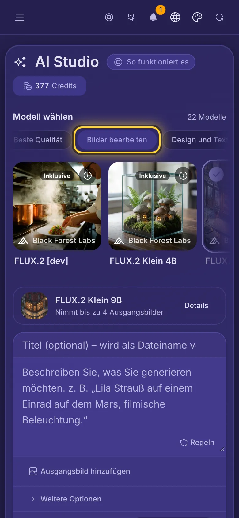 Der Filter Bilder bearbeiten ist aktiv, und die Karten zeigen die Modelle, die ein Bild ändern können, jeweils mit Preis.