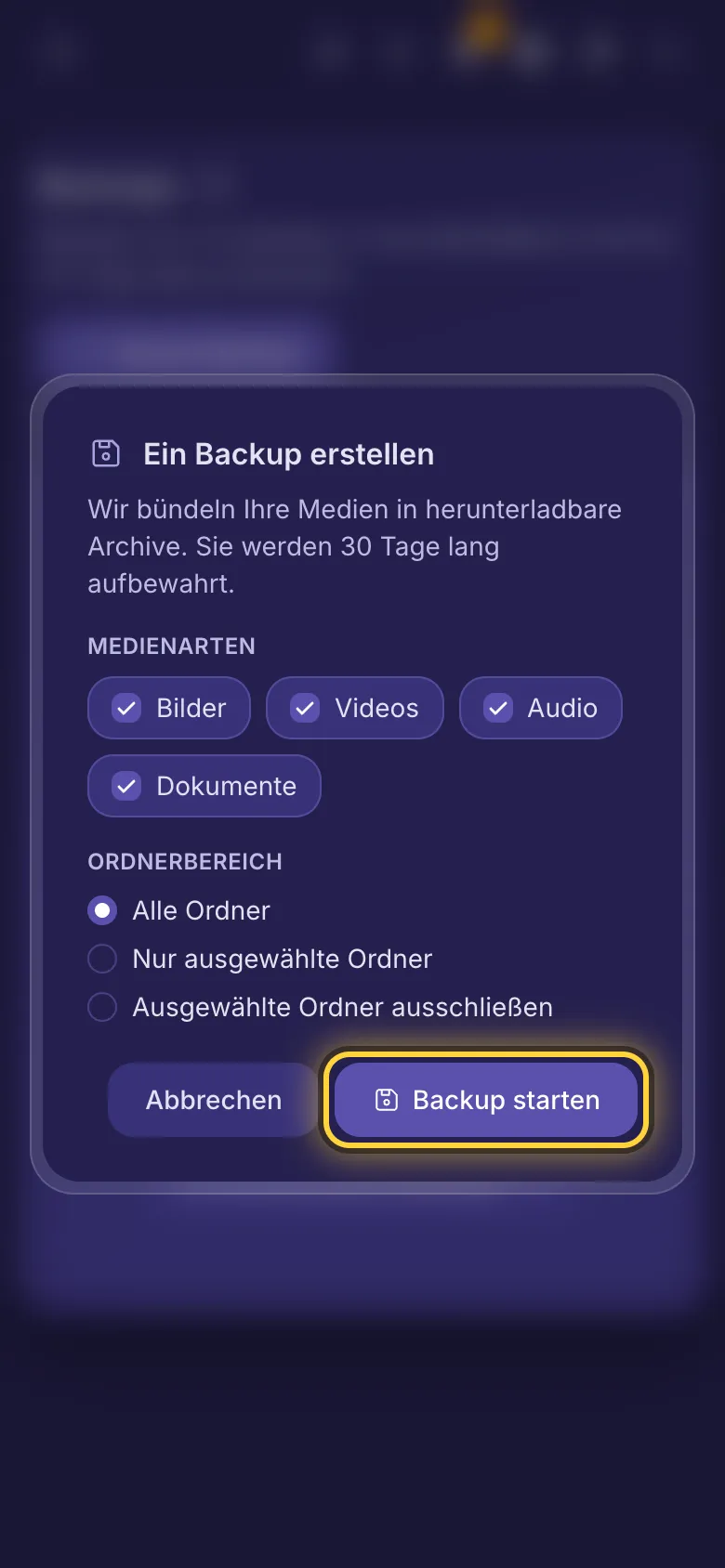 Backup erstellen: die Medienarten, die hinein sollen, und welche Ordner.