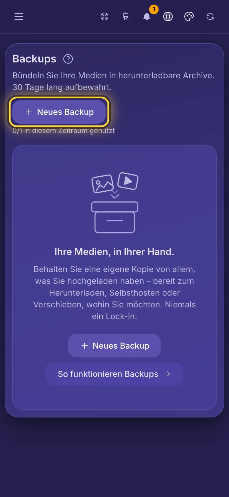 Backups, mit der Schaltfläche Neues Backup und der Anzahl der Backups, die in diesem Zeitraum noch übrig sind.
