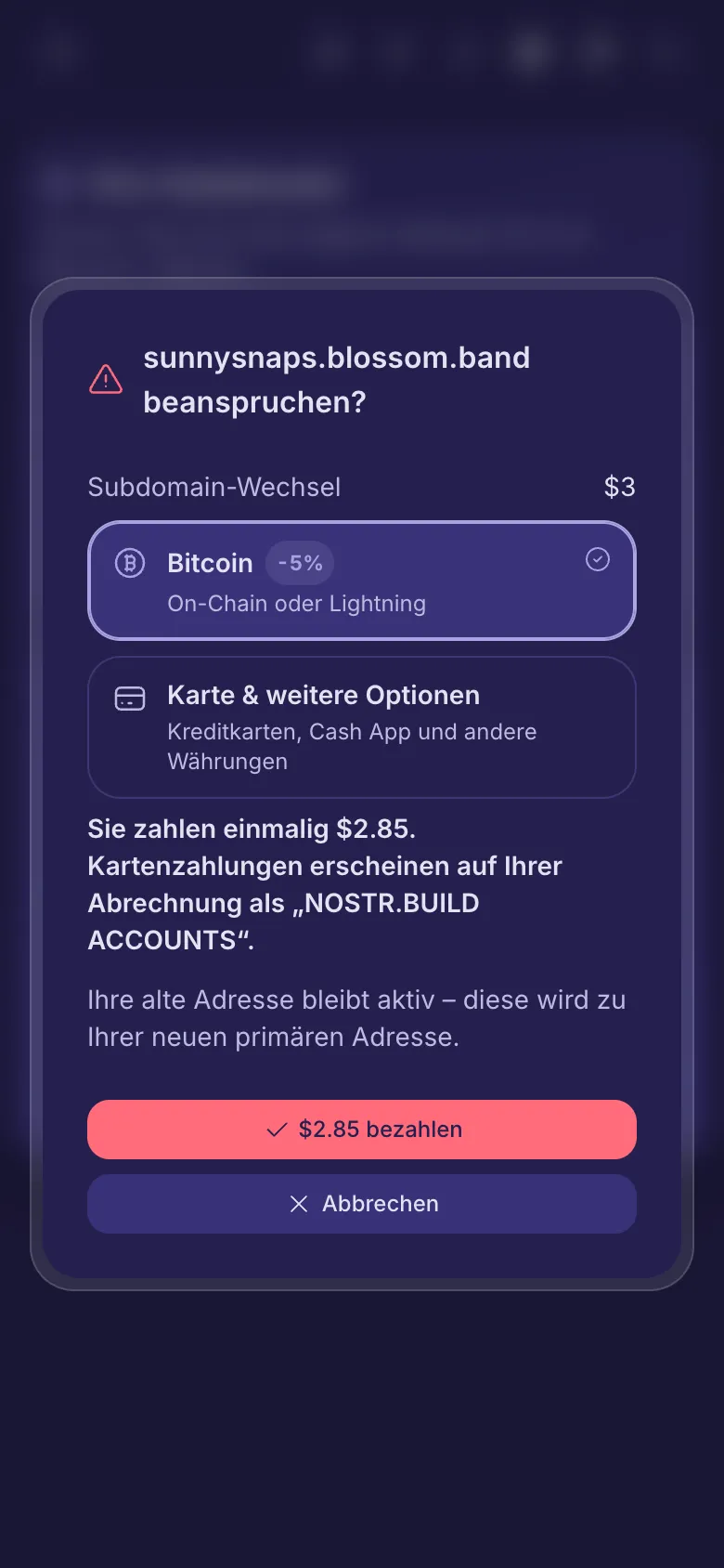 Die Rückfrage vor einem kostenpflichtigen Namen, mit der Gebühr und der Wahl der Zahlungsart.