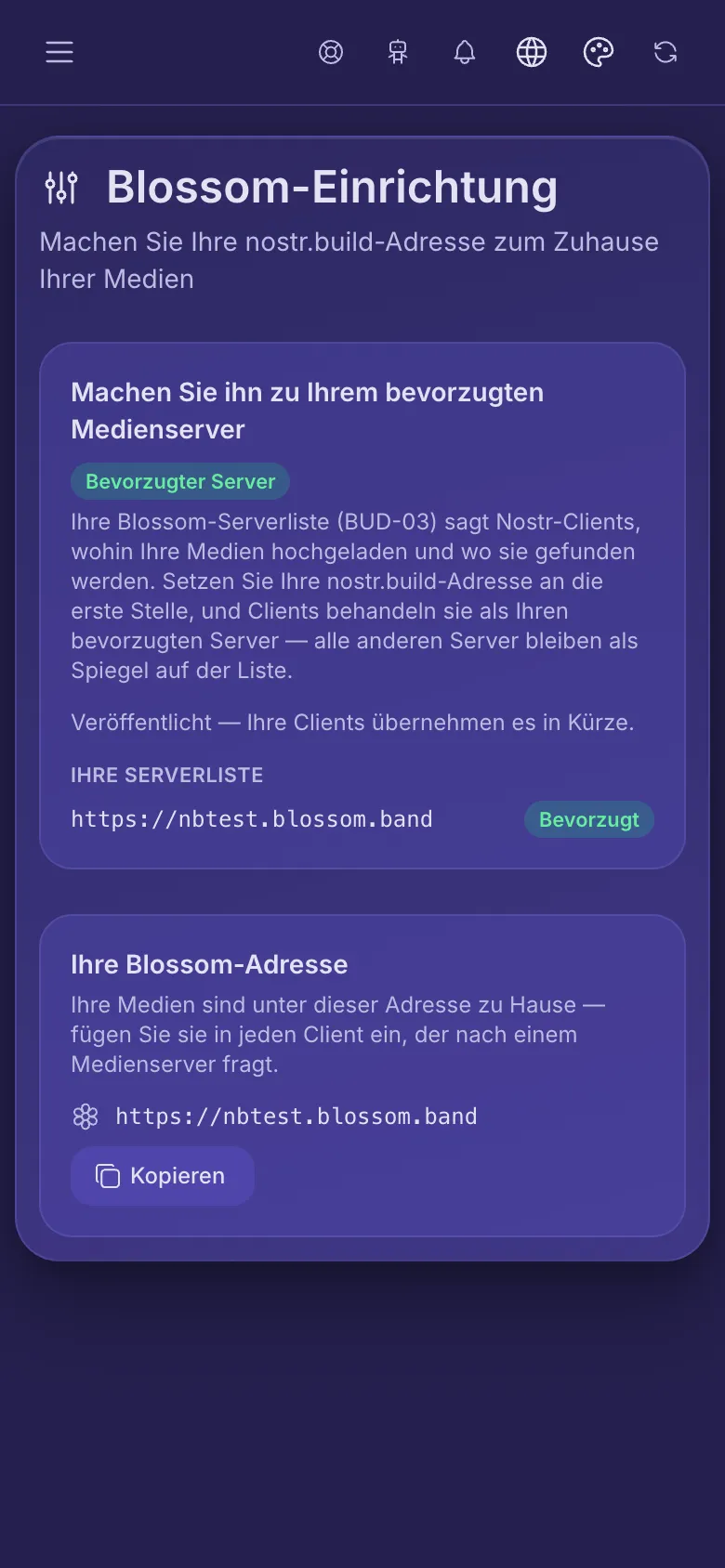 Blossom-Einrichtung: Ihre Serverliste, Ihre Adresse als bevorzugt markiert, und Ihre Blossom-Adresse zum Kopieren.