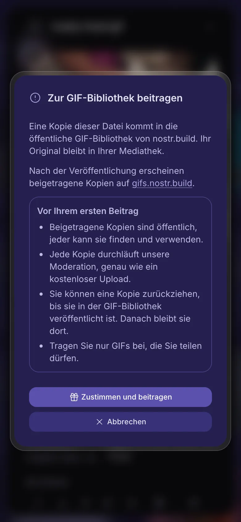 Was es bedeutet, ein GIF zur Bibliothek beizutragen, vor der Zustimmung
