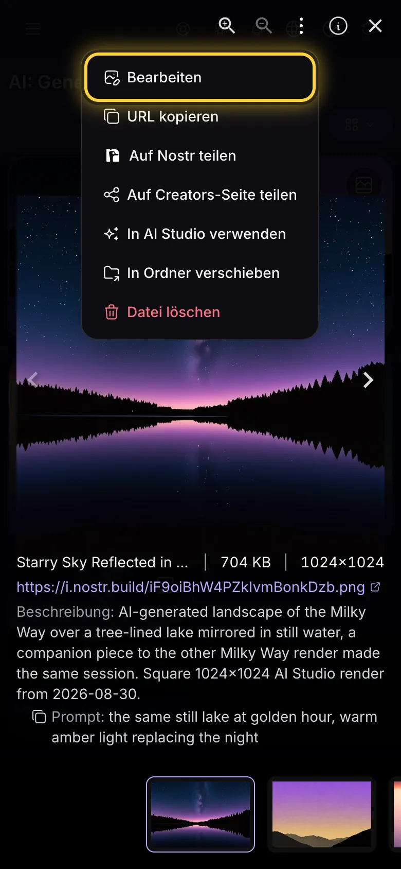 Die Vollbildansicht mit geöffnetem Menü, Bearbeiten ist eingekreist