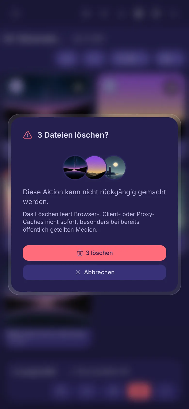 Die Rückfrage vor dem Löschen von drei Dateien.