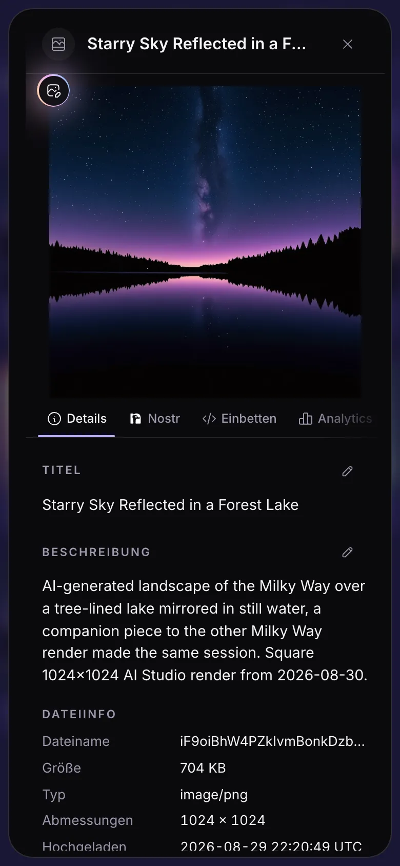 Die Details einer Datei: das Bild, die Tabs, Titel und Beschreibung.