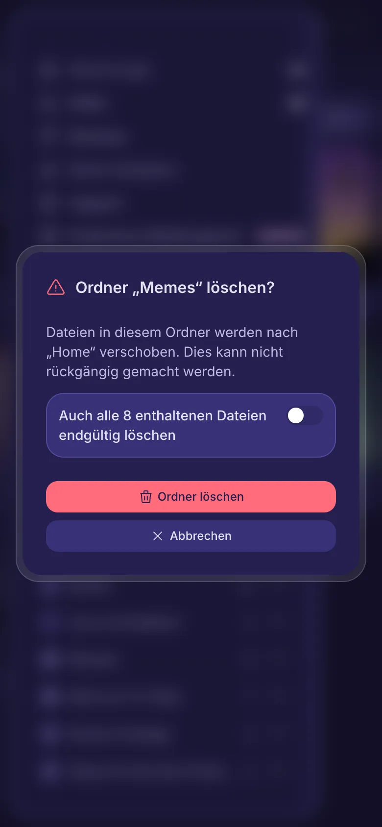 Die Rückfrage vor dem Löschen eines Ordners, mit einem Schalter, um auch seine Dateien zu löschen.