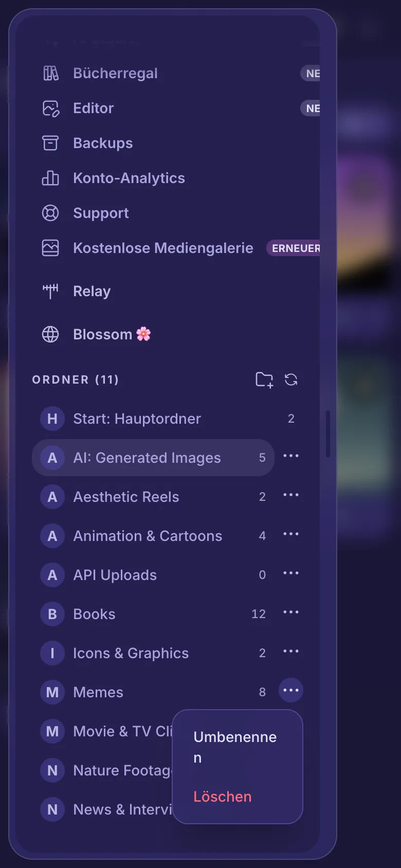 Das Menü eines Ordners ist geöffnet und zeigt Umbenennen und Löschen.