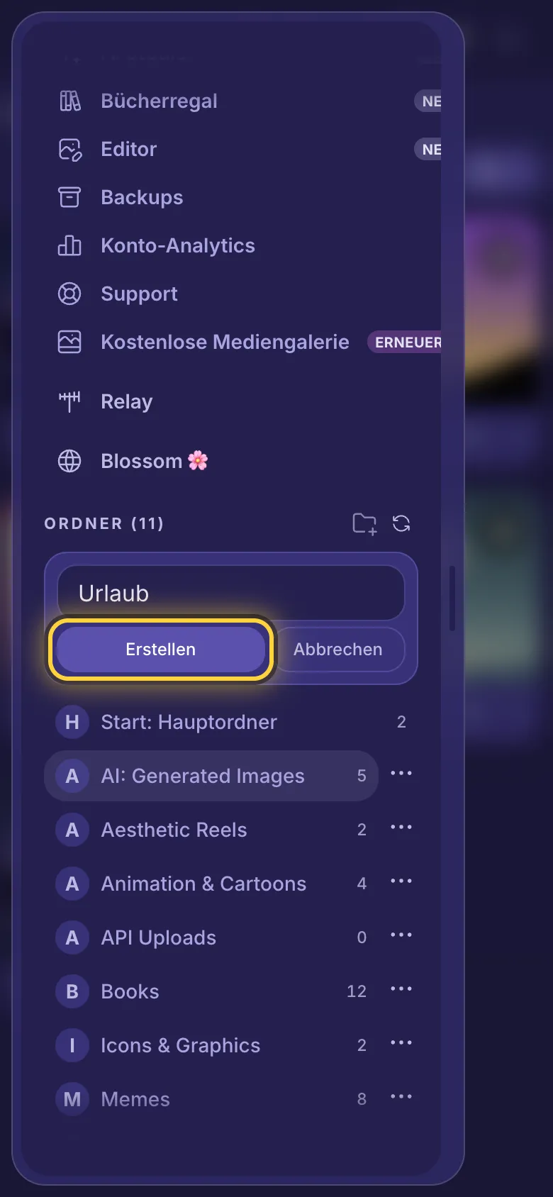 Das Menü ist bis zu den Ordnern gescrollt, der Name eines neuen Ordners ist eingetippt und die Schaltfläche Erstellen ist eingekreist.