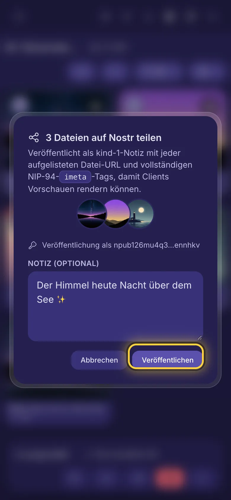 Drei Dateien auf Nostr teilen: das Notizfeld und die Schaltfläche zum Veröffentlichen.