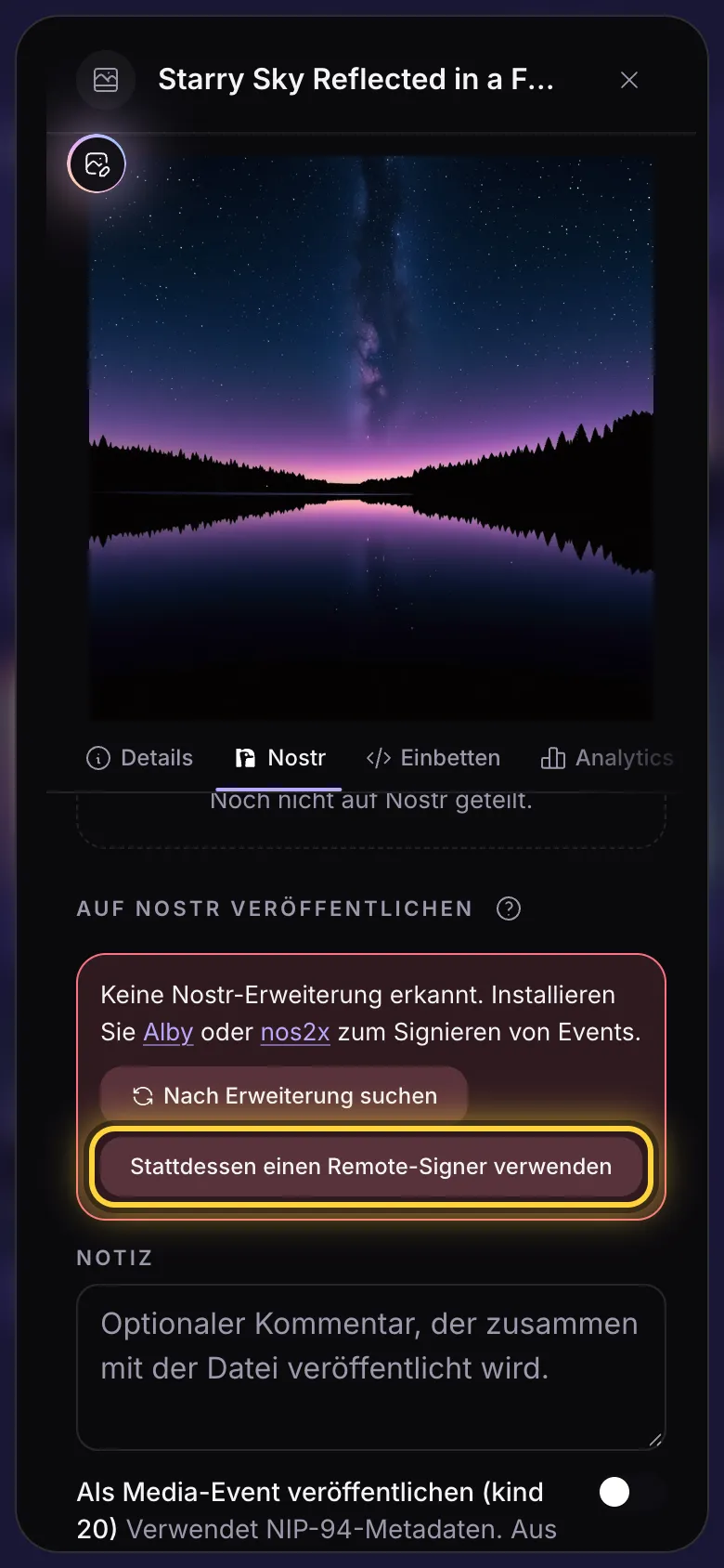 Der Nostr-Tab ohne Signer: ein Hinweis mit Links zu Alby und nos2x sowie die Schaltfläche für den Remote-Signer.