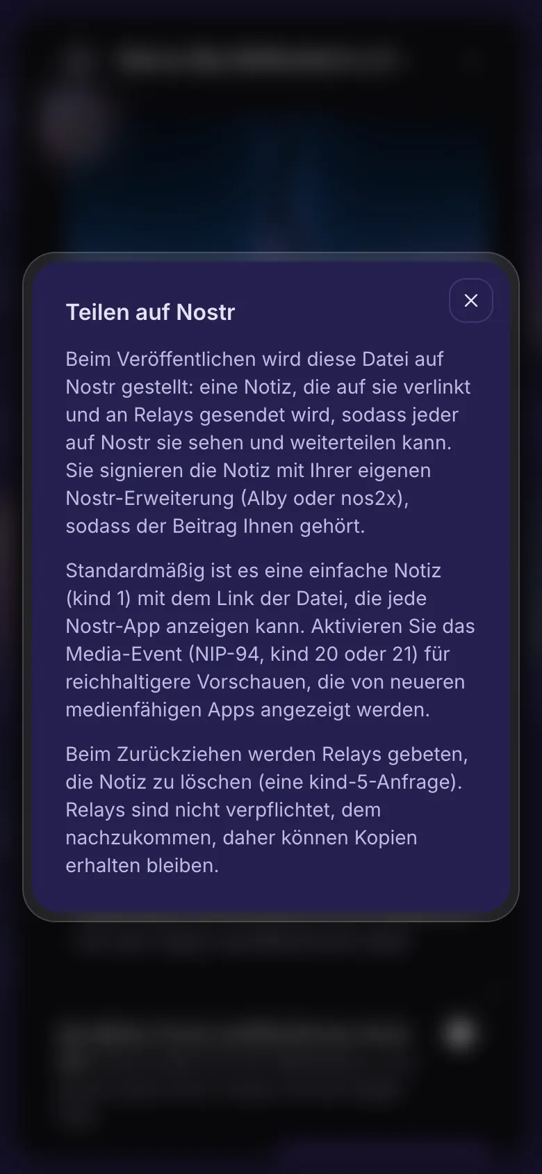 Die Erklärung, die sich über das Fragezeichen neben „Auf Nostr veröffentlichen“ öffnet.