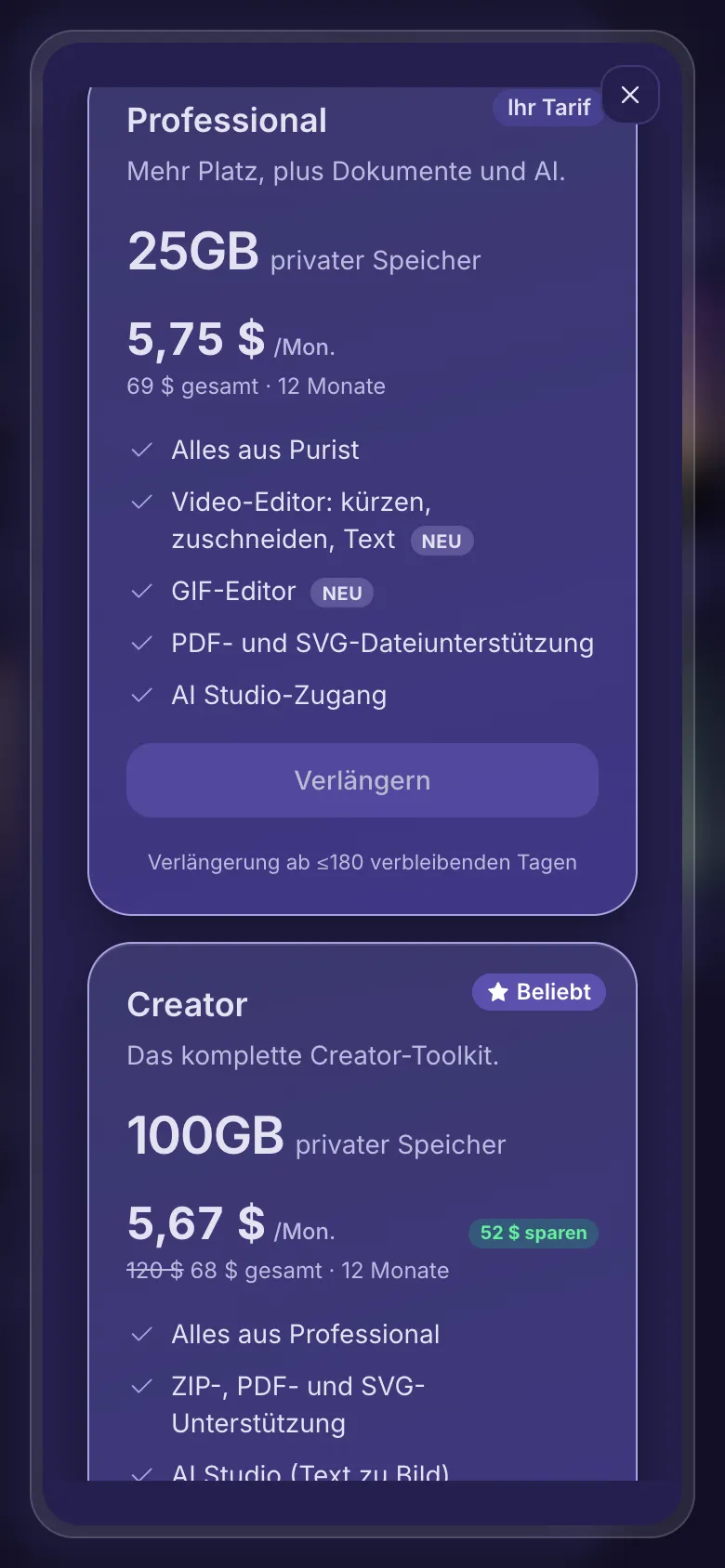 Upgraden oder verlängern: Ihr aktueller Tarif mit Verlängern, größere Tarife mit Upgraden.