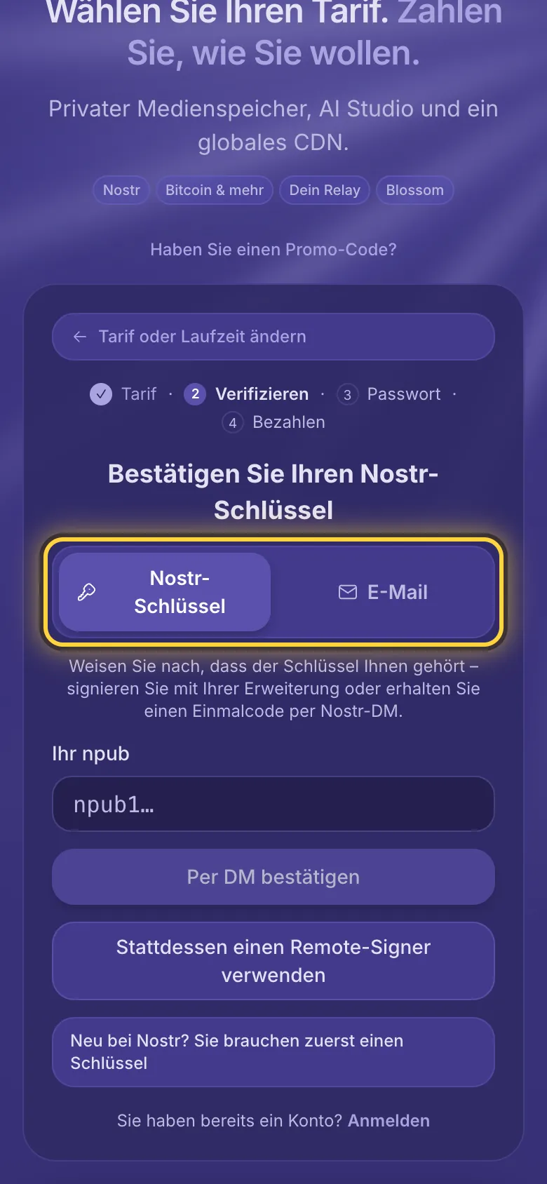Die Registrierung: die Wahl zwischen Nostr-Schlüssel und E-Mail-Adresse, eingekreist.