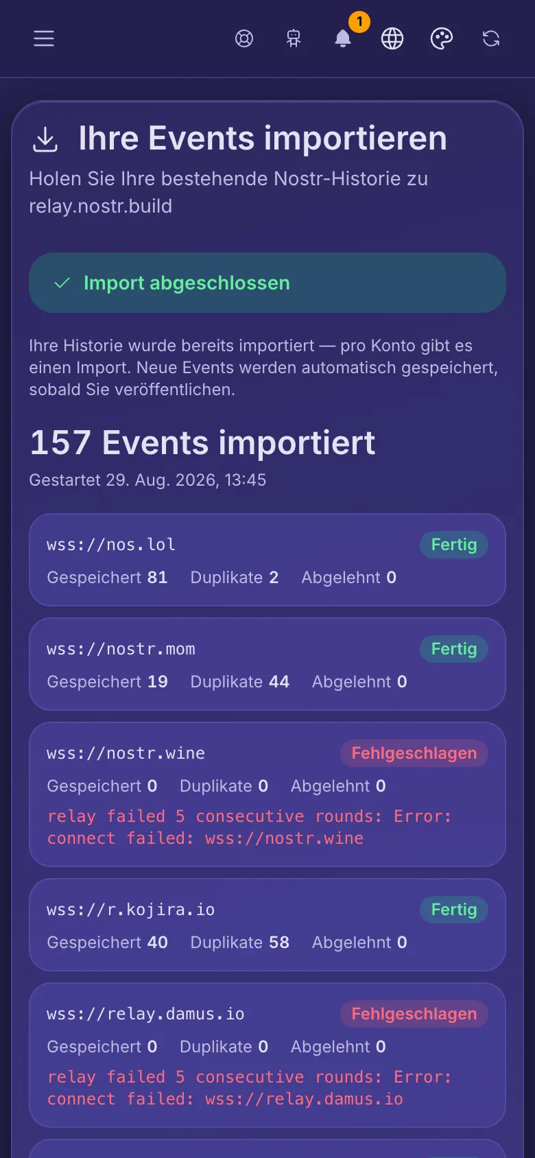Ihre Events importieren: ein abgeschlossener Import mit einer Zeile für jedes Relay, von dem er kopiert hat.