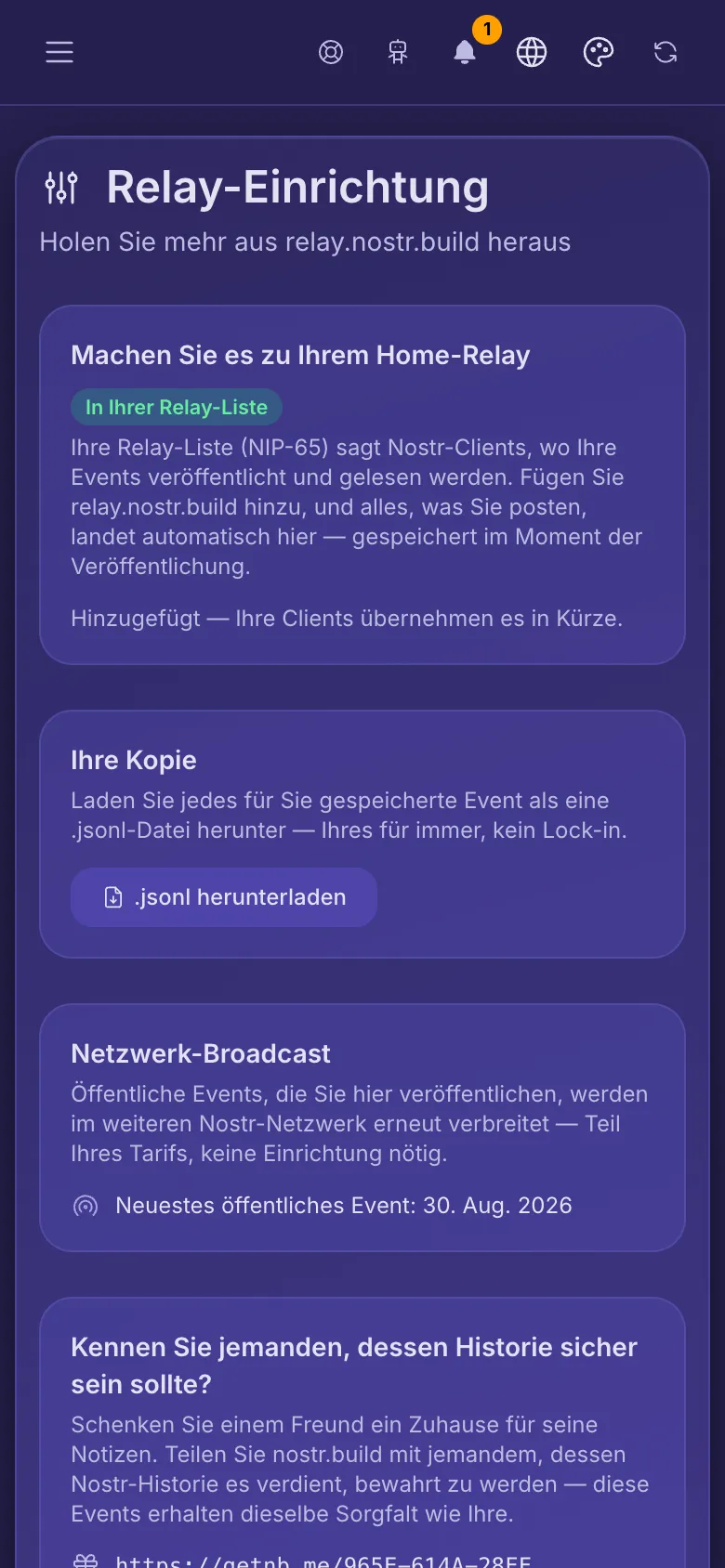 Relay-Einrichtung: das Relay schon in der Relay-Liste, eine Kopie zum Herunterladen und der Netzwerk-Broadcast.