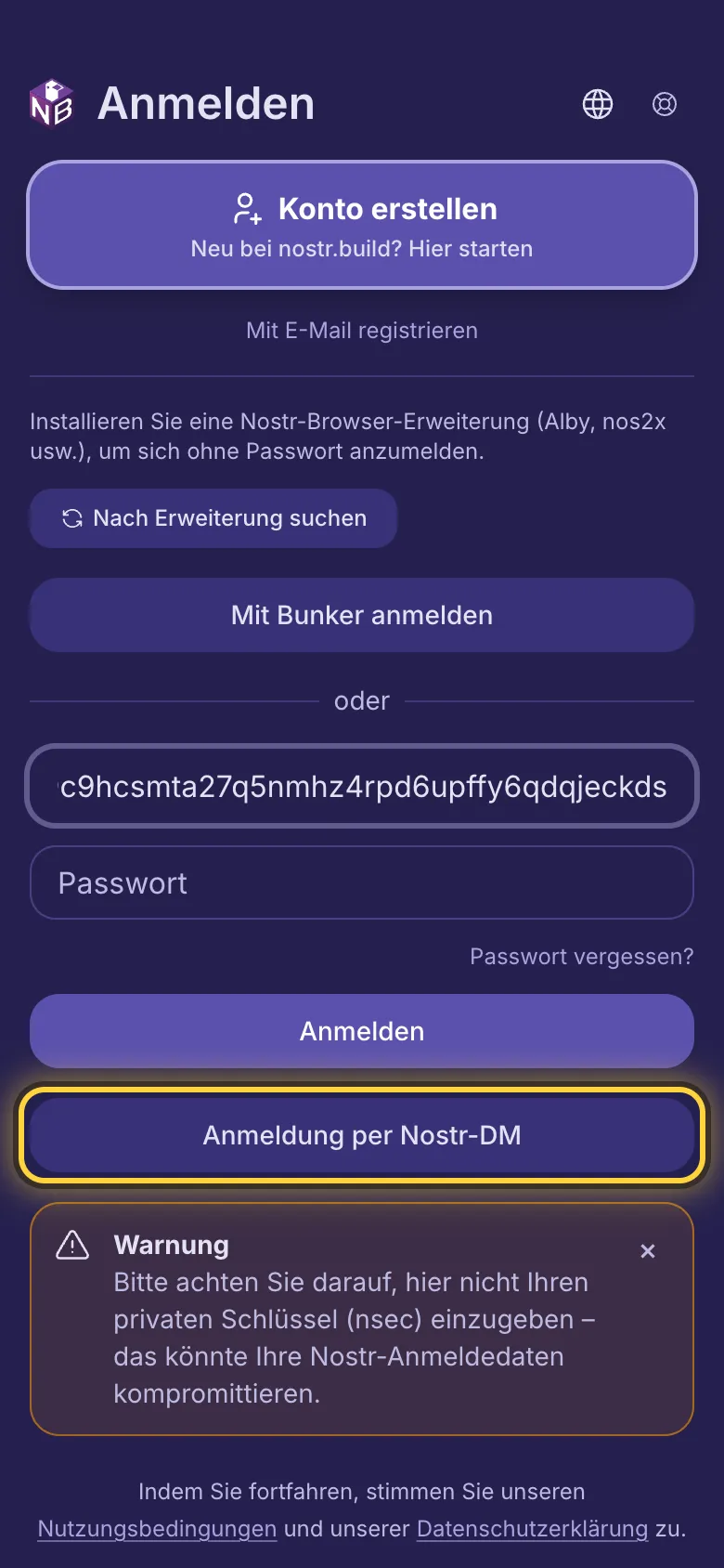 Eine npub im ersten Feld und die Schaltfläche Anmeldung per Nostr-DM markiert.