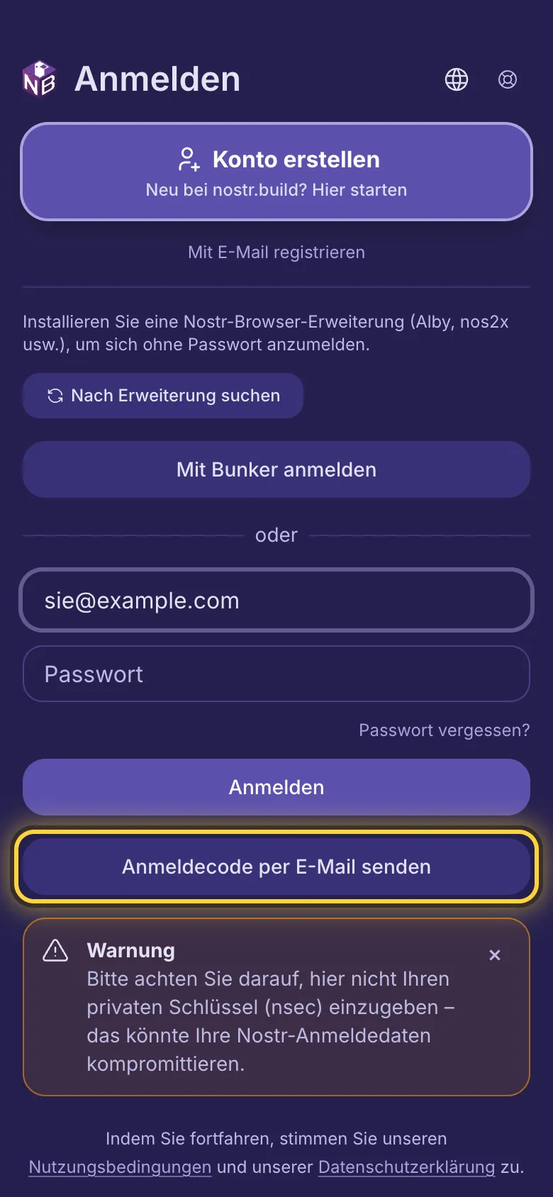 Eine E-Mail-Adresse im ersten Feld und die Schaltfläche Anmeldecode per E-Mail senden markiert.