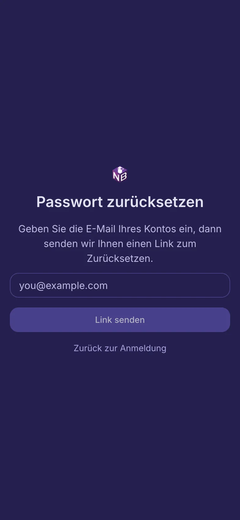 Die Seite Passwort zurücksetzen mit einem Feld für Ihre E-Mail-Adresse.