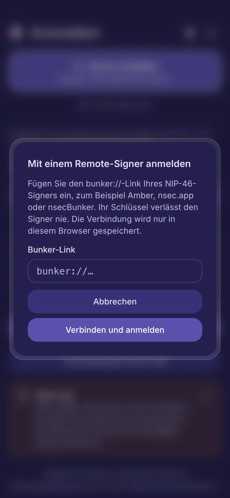 Das Fenster für den Remote-Signer mit einem Feld für den Bunker-Link.