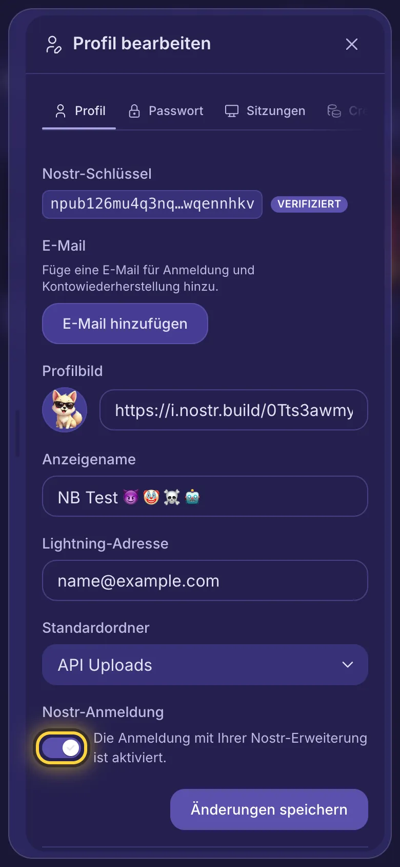 Profil bearbeiten, mit dem Schalter Nostr-Anmeldung und Änderungen speichern.