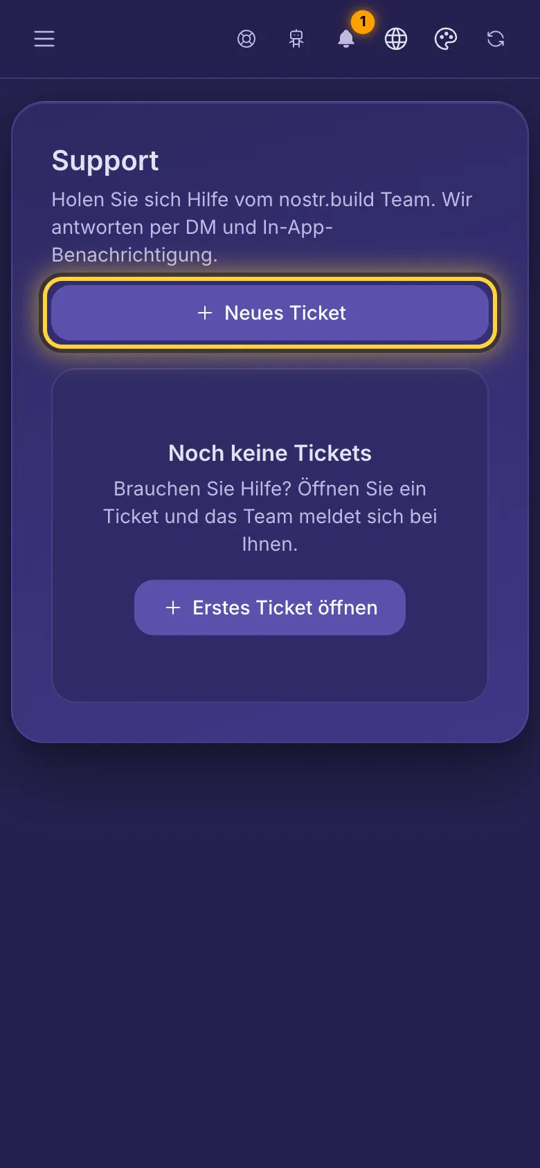 Die Support-Seite, noch ohne Tickets.