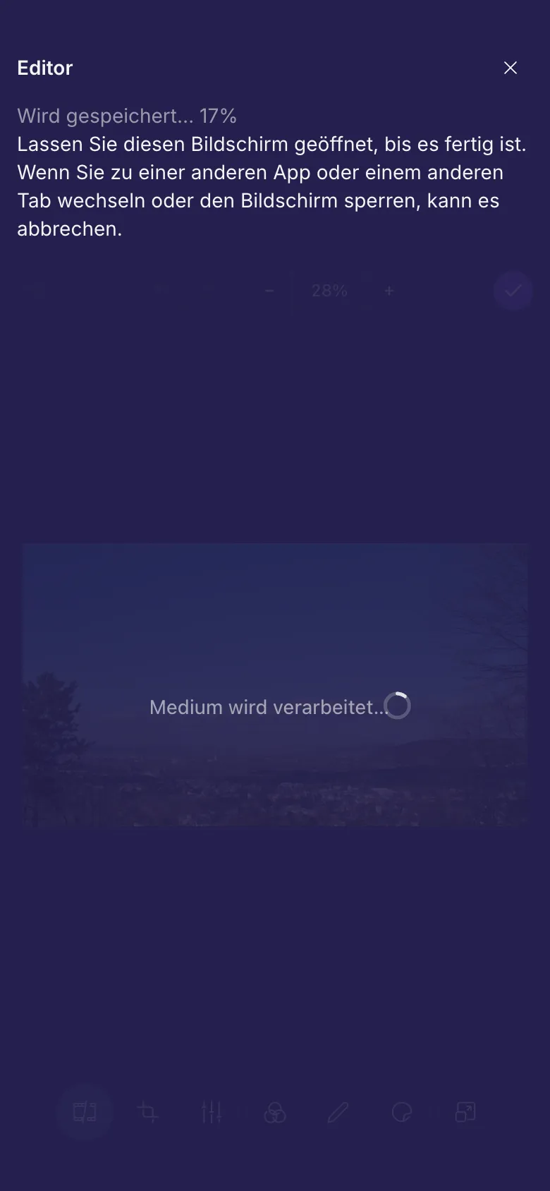 Der Editor speichert ein Video, mit dem Hinweis, den Bildschirm geöffnet zu lassen