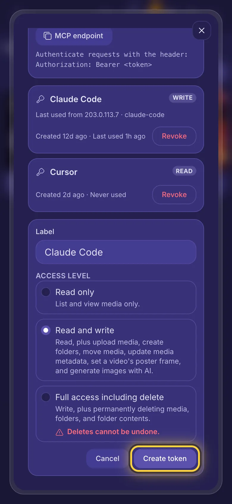Connected agents with a new token being made: a label and three access levels.
