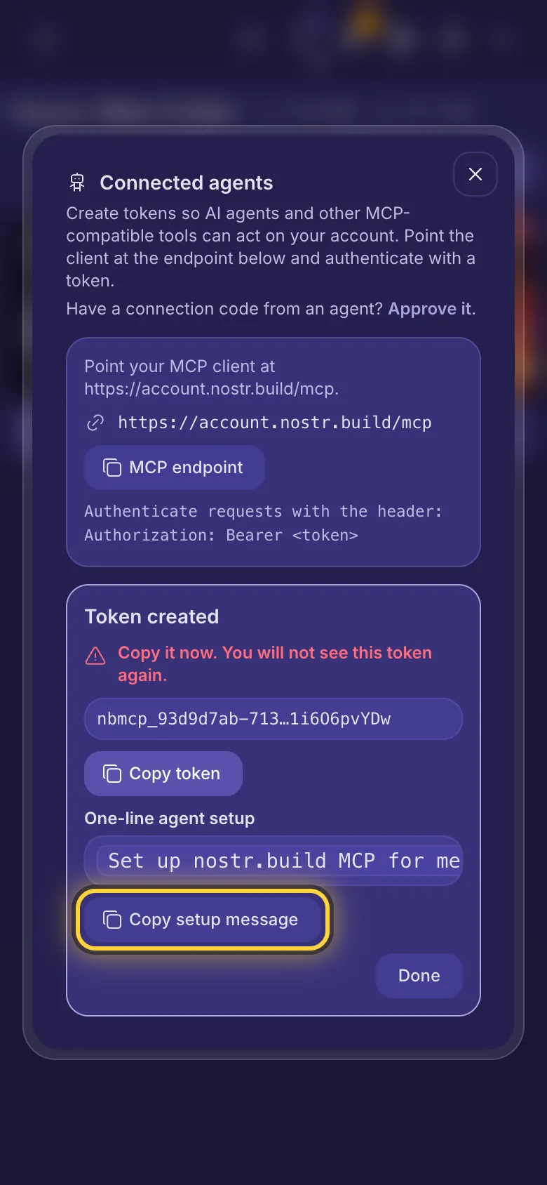 Token created: the token, a copy button, and the one-line setup message.