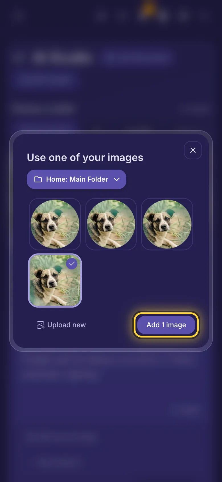 Use one of your images: the pictures of a folder, the folder menu, Upload new and the Add button.