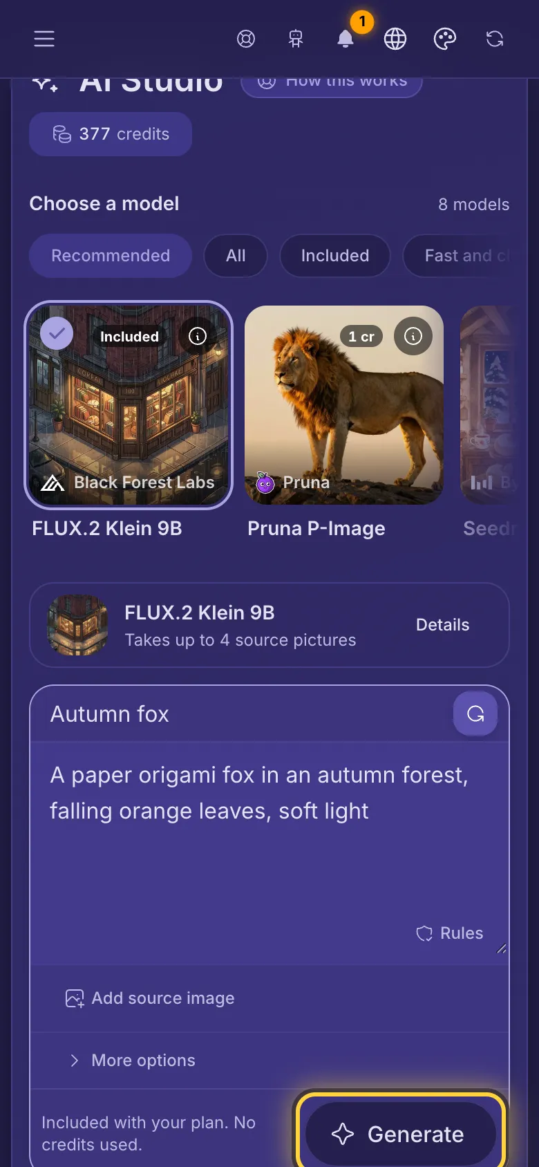 A prompt typed in the box, the price line and the Generate button.