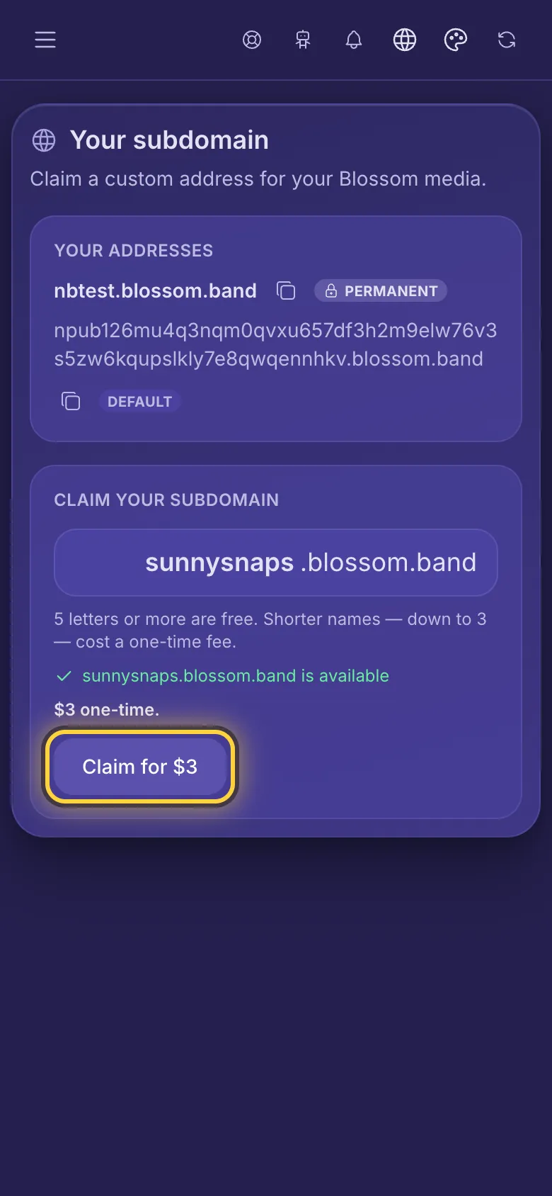 Your subdomain: a name typed in the box, marked as available, and the claim button ringed.