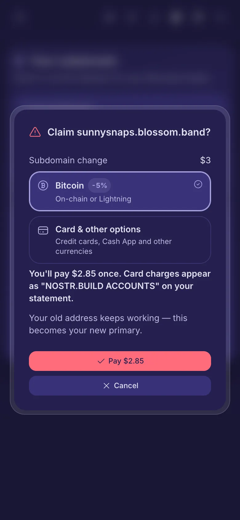 The question before a paid claim, with the fee and the payment choice.