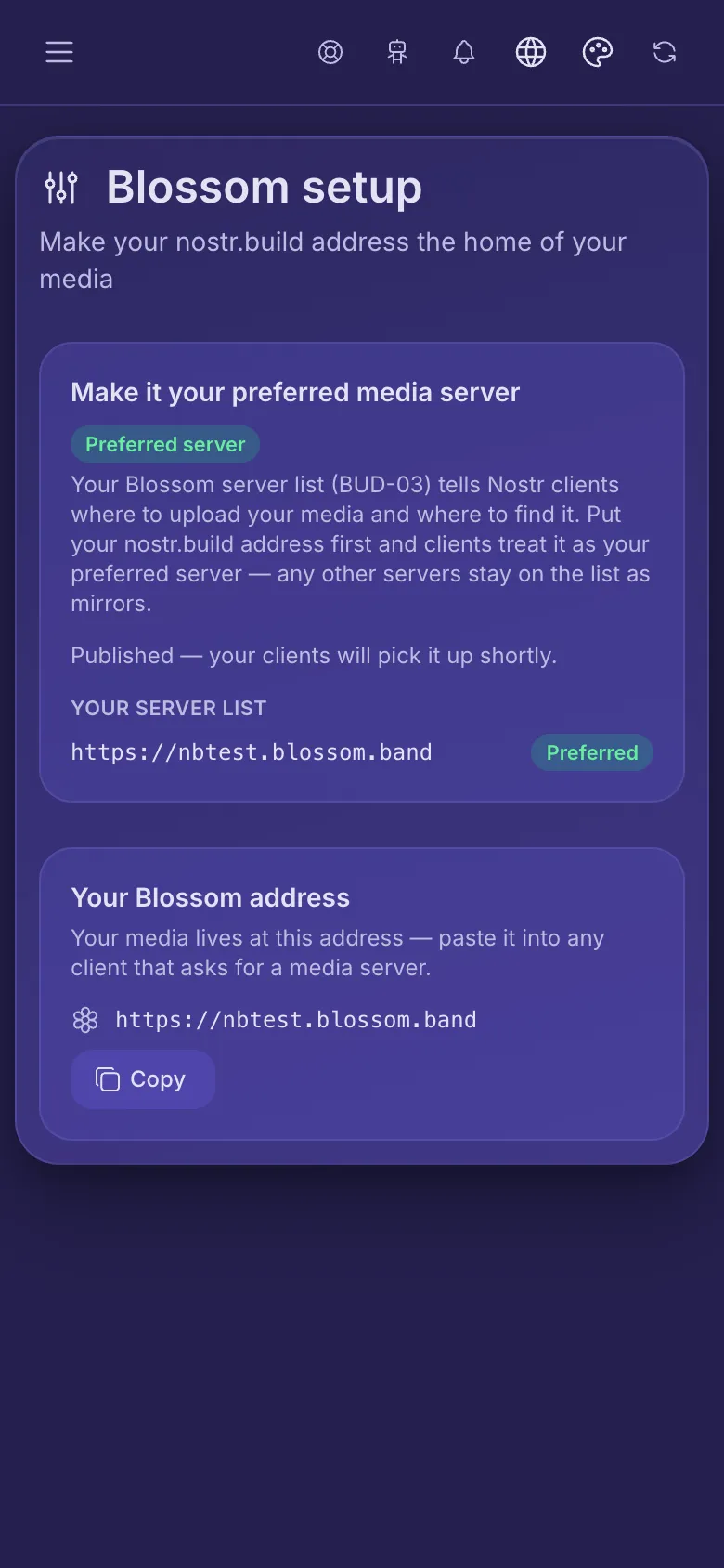 Blossom setup: your server list with your address marked as preferred, and your Blossom address to copy.