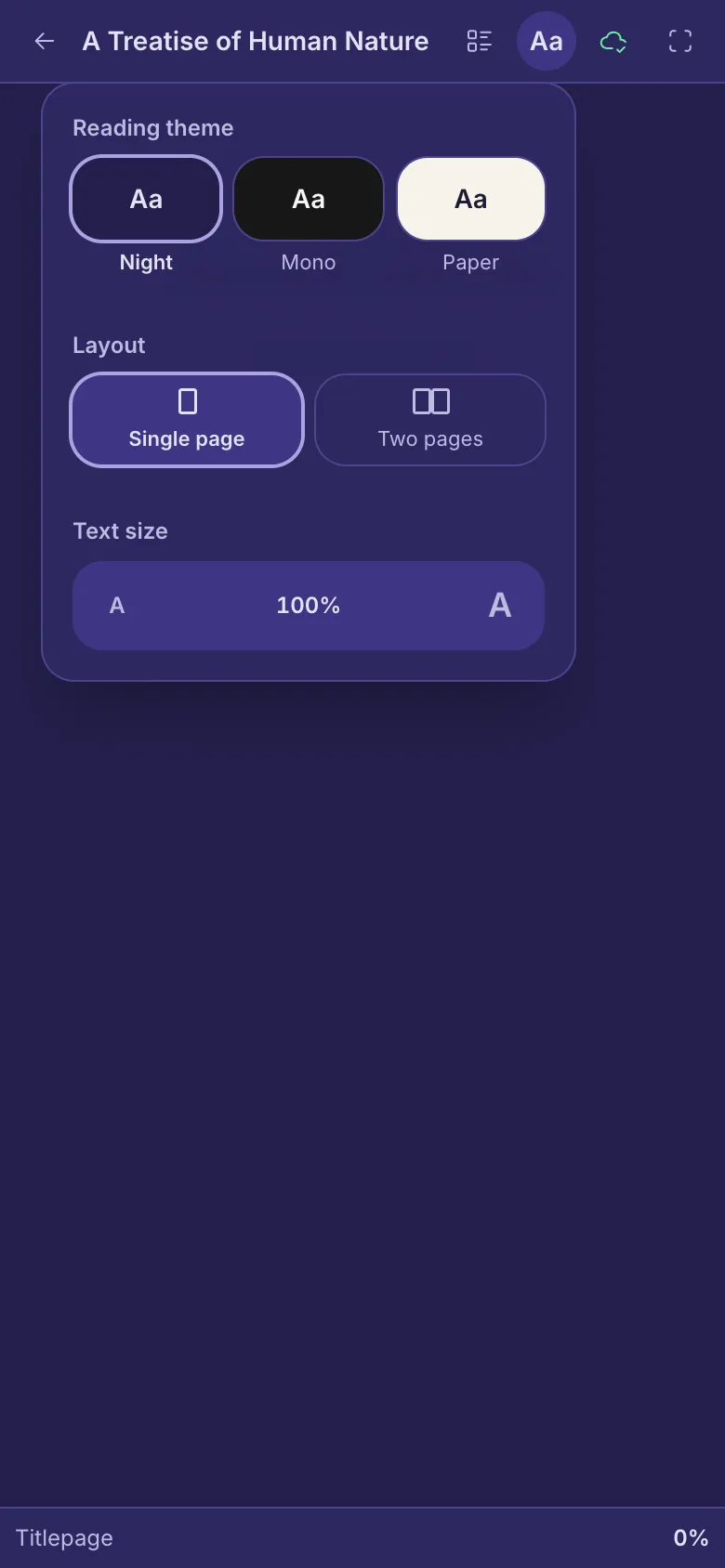 Display settings for a book: the reading theme, the layout and the text size.
