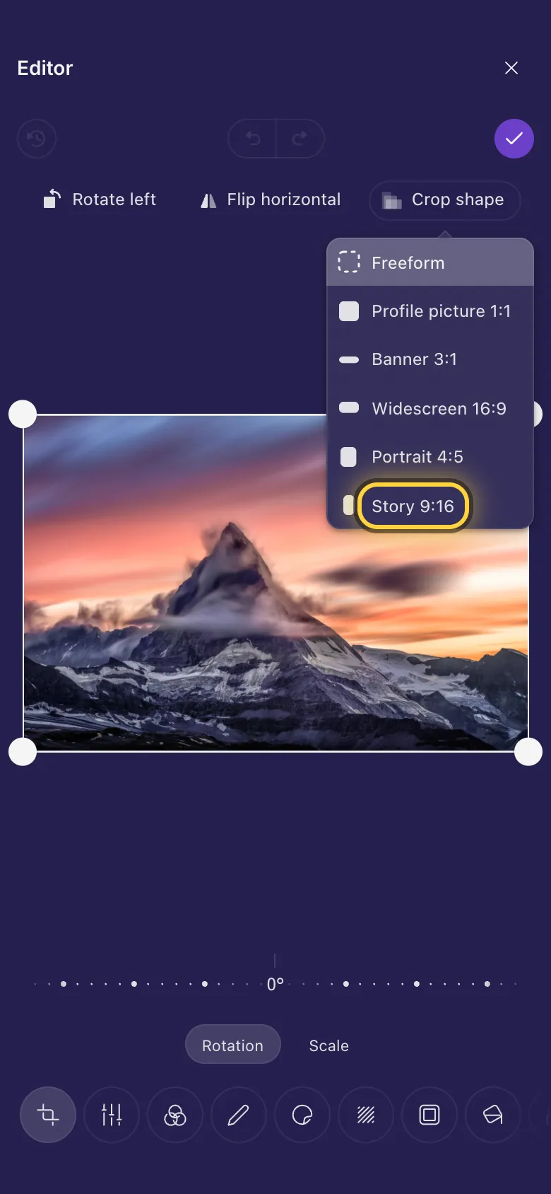 The list of crop shapes open over a photo of a mountain