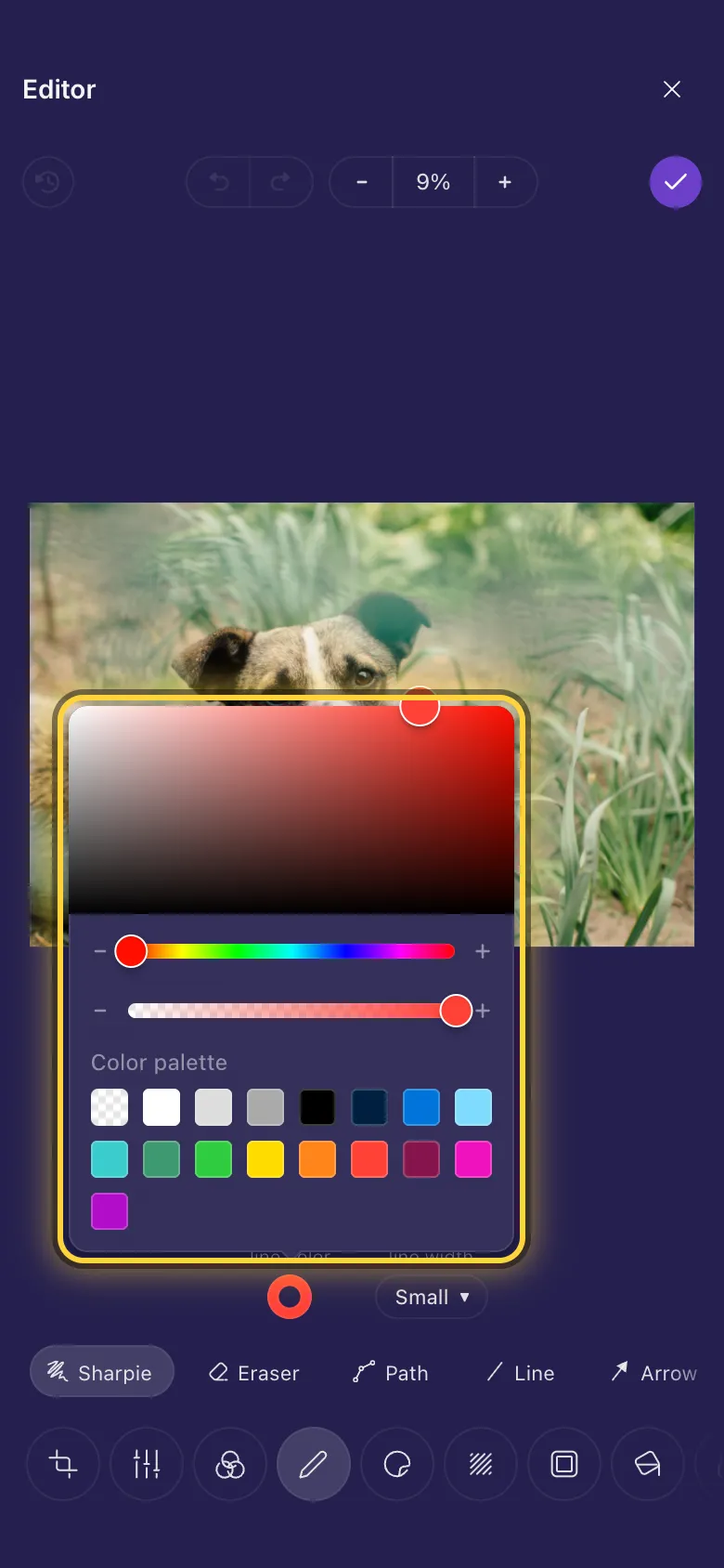The colour picker open over a photo, with its palette
