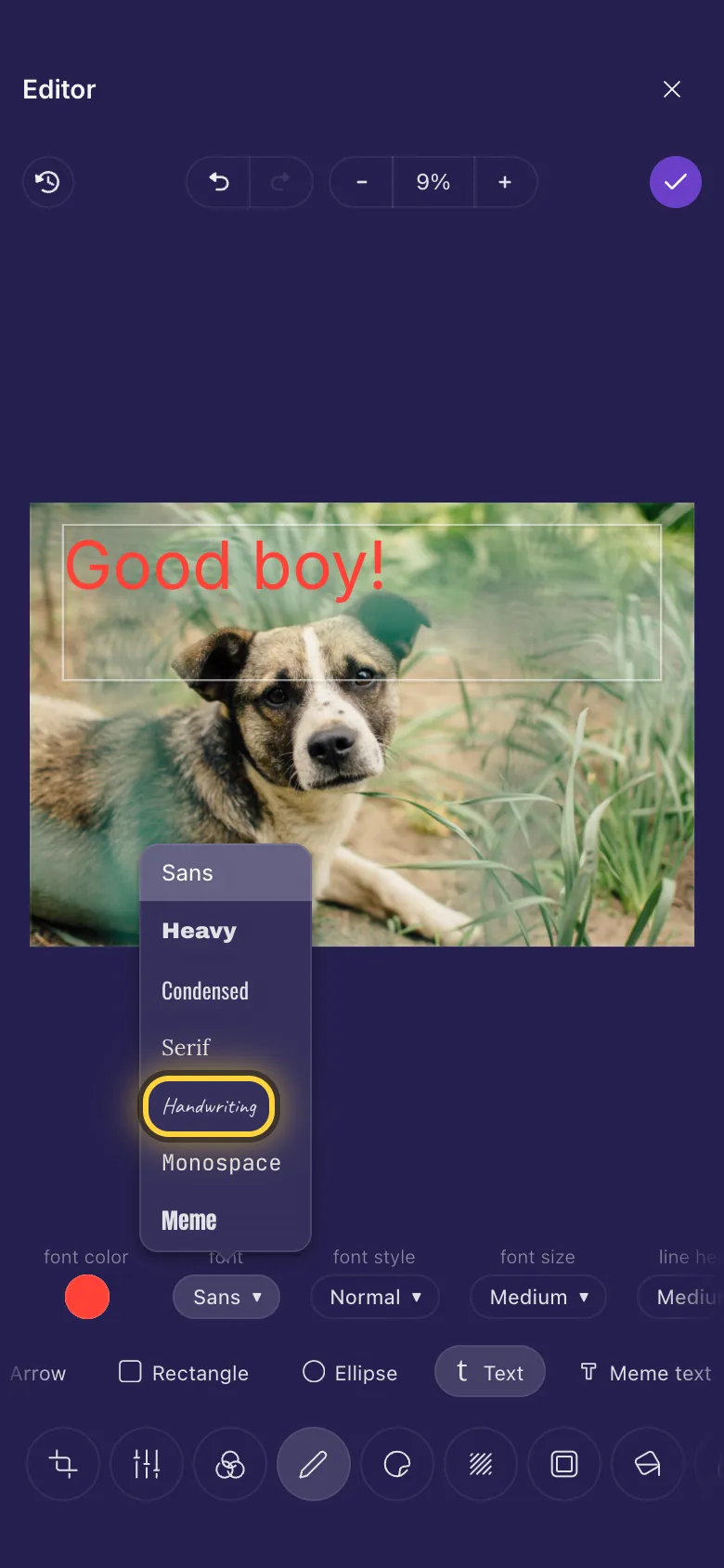 Words on a photo of a dog, with the list of fonts open