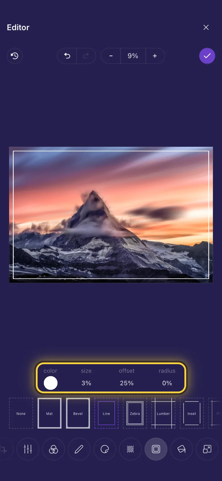 A mountain photo with a thin frame, and the frame's settings above the list of frames