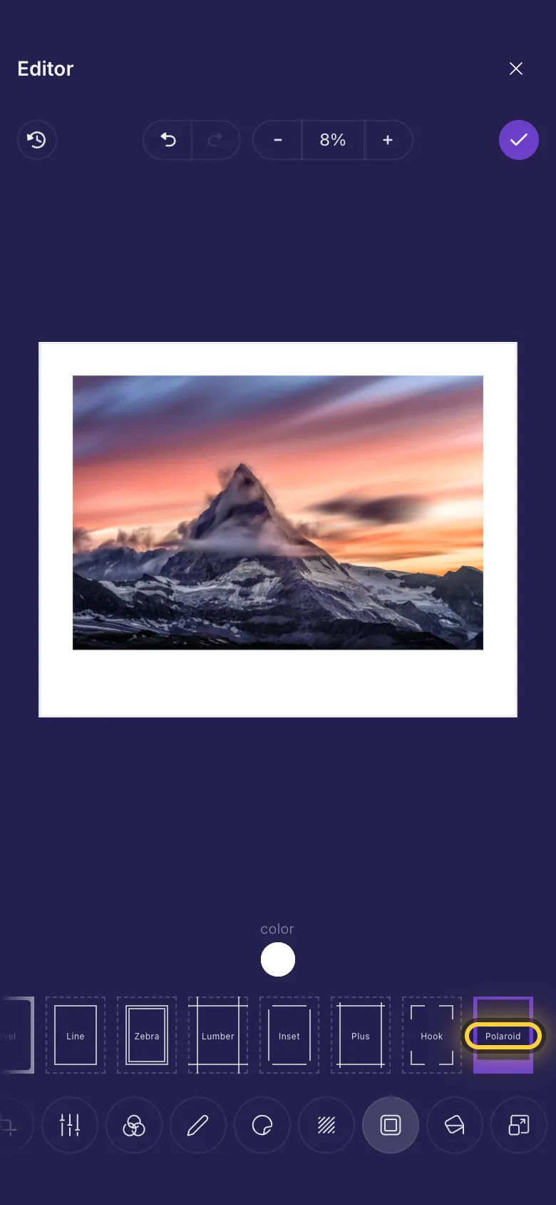 A mountain photo with a Polaroid frame