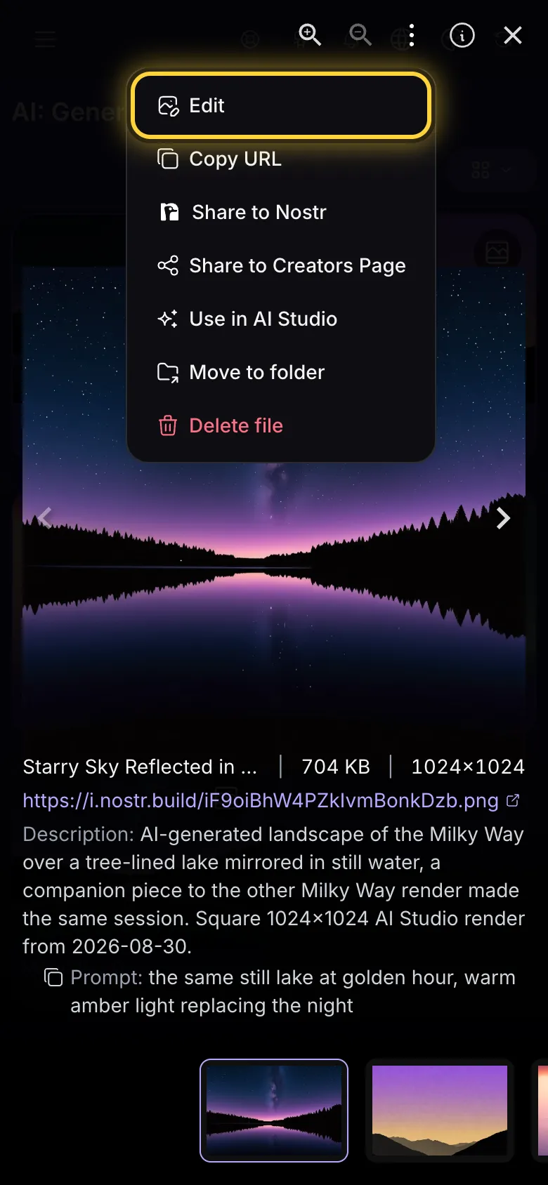 The full-screen viewer with its menu open and Edit circled