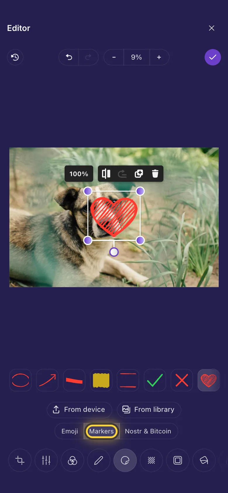 A heart sticker placed on a photo, with the Markers set open