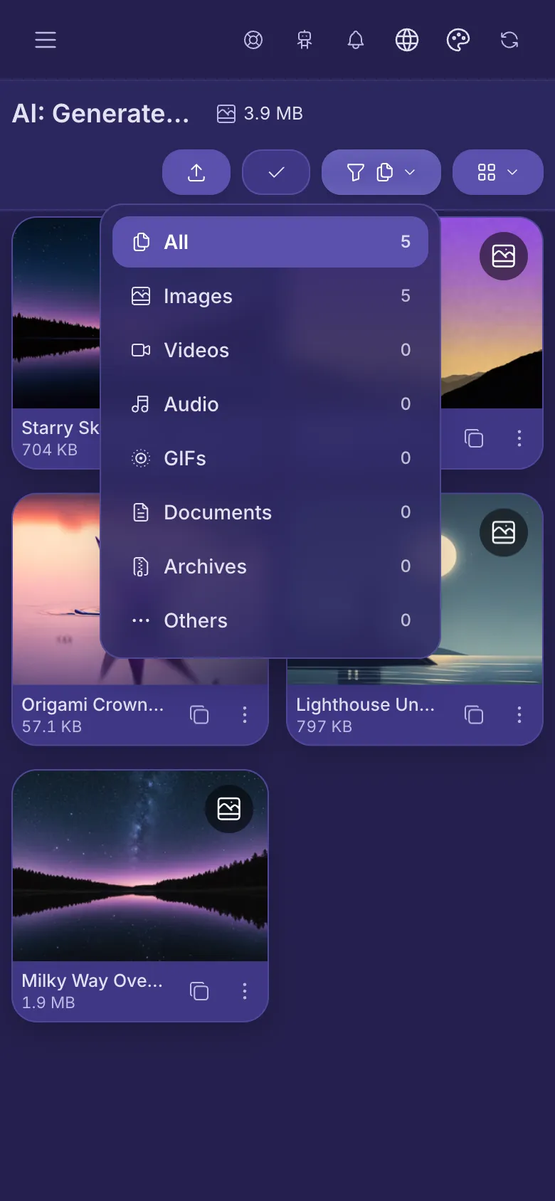 The funnel's list open: every kind of file with how many the folder holds.