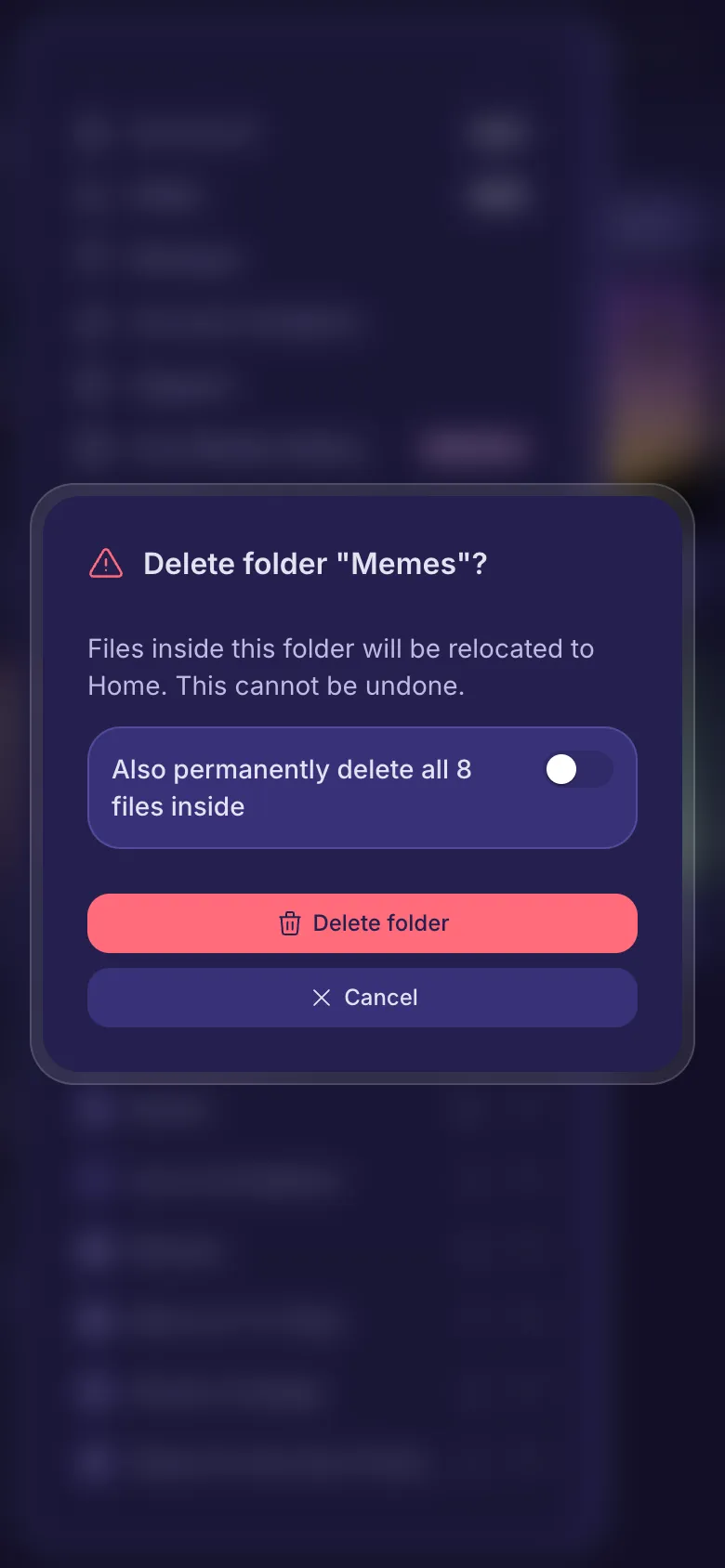 The question before a folder is deleted, with a switch to delete its files too.
