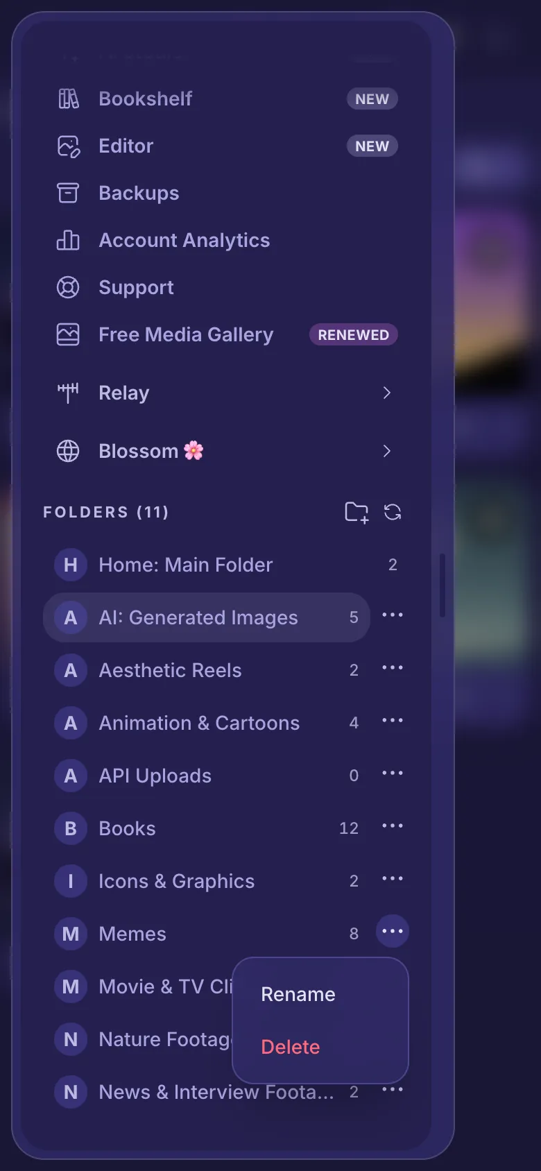A folder's menu open, showing Rename and Delete.