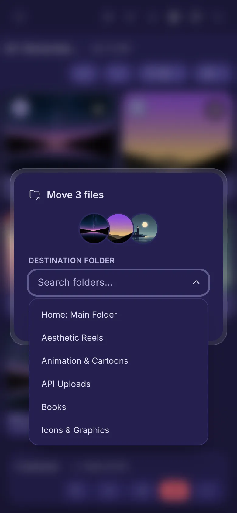 Moving three files: the list of folders to choose from.