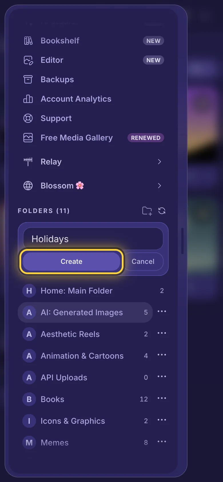 The menu scrolled to the folders, with a new folder's name typed in and the Create button ringed.