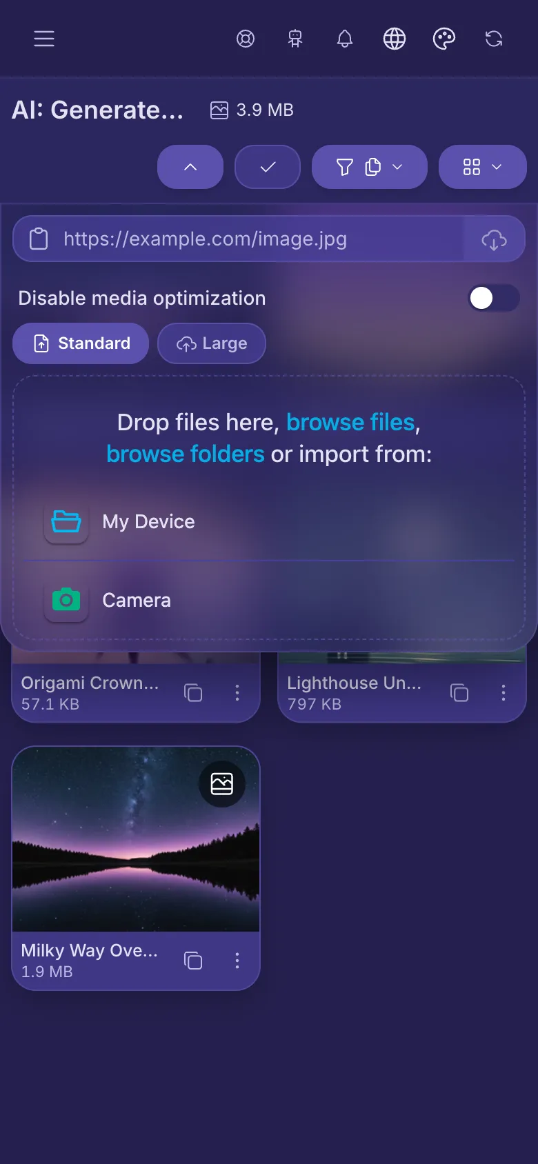 The upload panel open under the buttons, with a place to pick files and a box for a link.