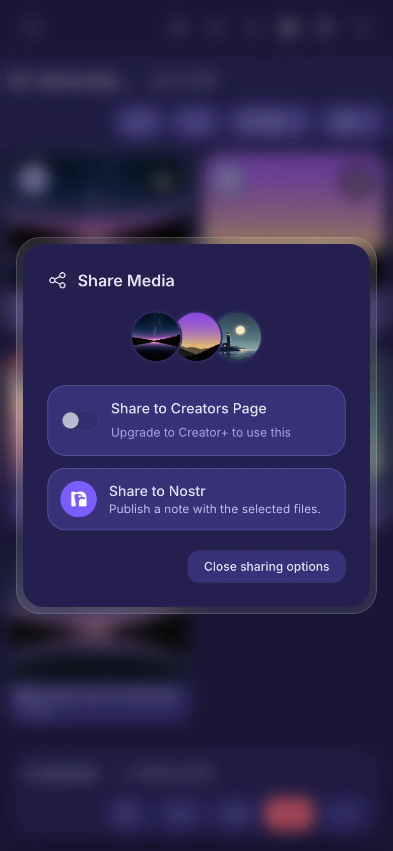 The sharing options for three files: the Creators Page switch and Share to Nostr.