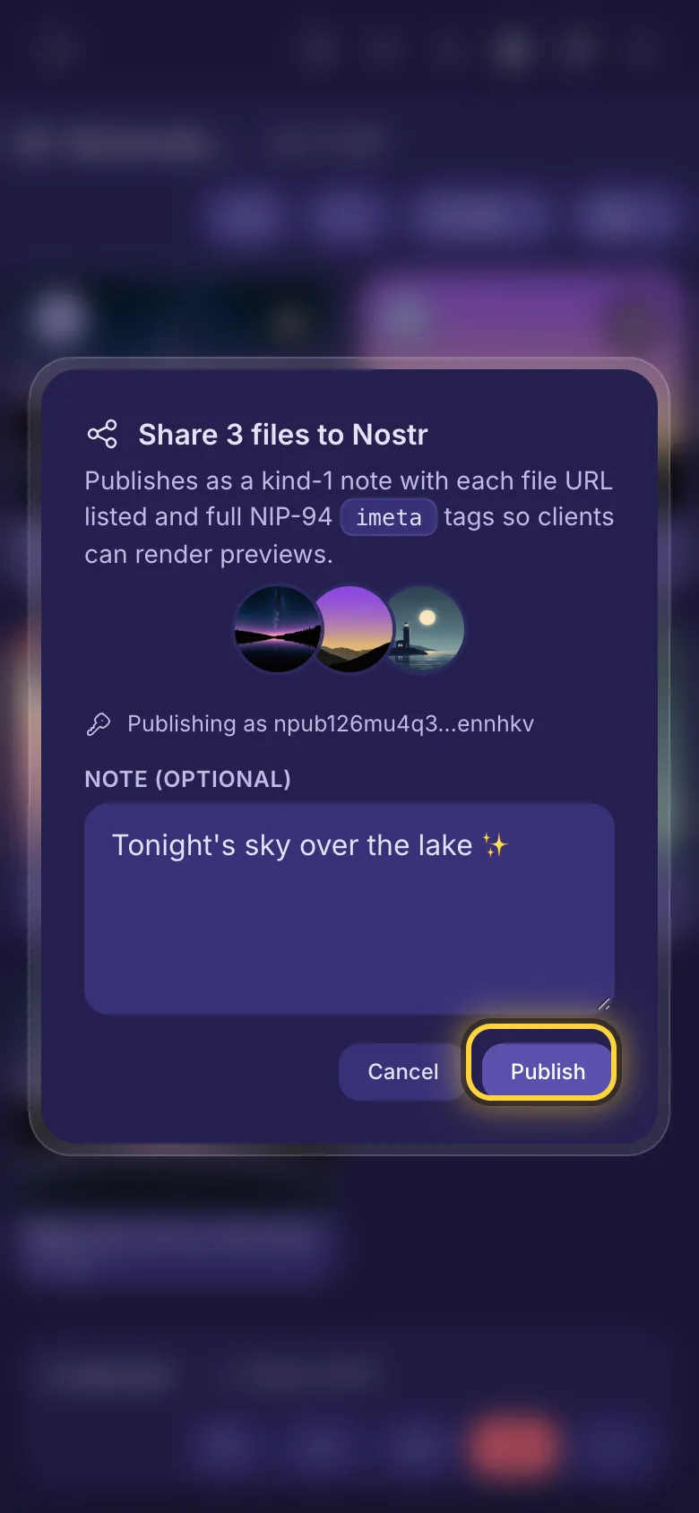 Sharing three files to Nostr: the note box and the Publish button.